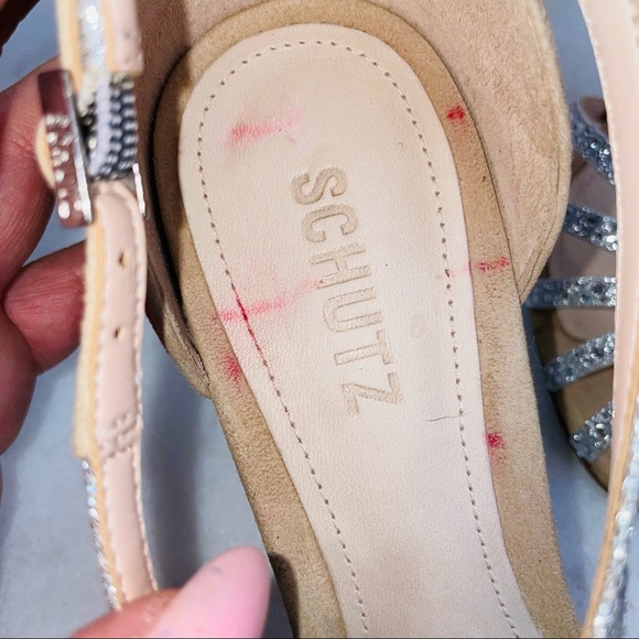 Schutz Silver Glitter Embellished Stones Caged Heel Sandal - Picture 9 of 10